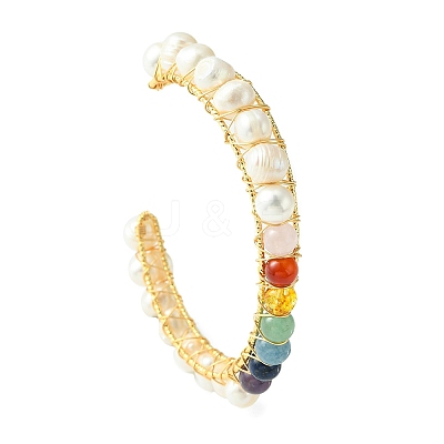Natural Pearl Bead & Mixed Gemstone Beads Cuff Bangles for Women Girl Gift BJEW-JB06826-03-1