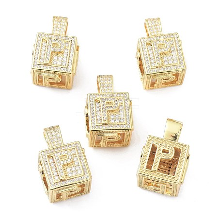 Alphabet Brass Micro Pave Clear Cubic Zirconia Pendants ZIRC-O045-01G-P-1