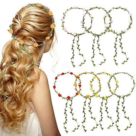 7Pcs 7 Colors Polyester Artificial Rose Garland Headbands Hair Vine AJEW-CP0008-27-1