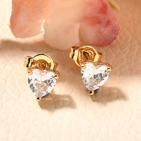 Heart Brass Micro Pave Clear Cubic Zirconia Stud Earrings EJEW-C126-07G-1