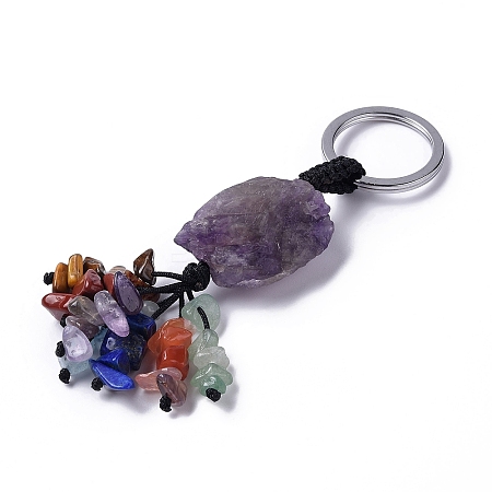 Natural Amethyst Nugget with Mixed Gemstone Chips Tassel Keychains KEYC-P012-02P-04-1