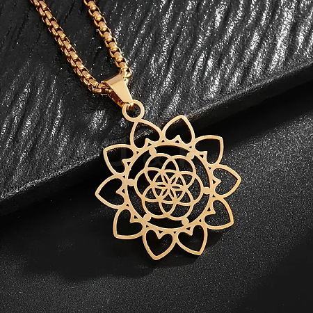 201 Stainless Steel Laser Cut Lotus Flower Pendant Necklaces FS-WG19C45-02-1