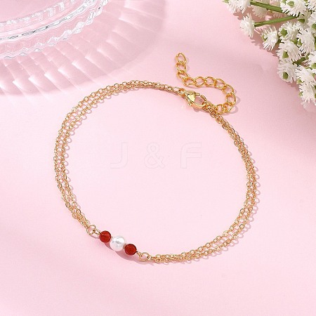 White Round Shell Pearl & Natural Carnelian Beads Anklets AJEW-AN00835-02-1