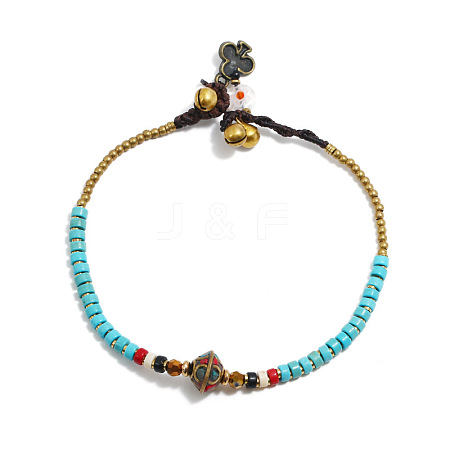 Alloy Rondelle & Dyed Synthetic Turquoise Heishi Braided Beaded Adjustable Anklets for Women FS-WG1CCC6-05-1