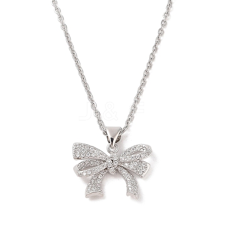 Brass Micro Pave Clear Cubic Zirconia Bowknot Pendant Necklaces for Women NJEW-S432-01P-1