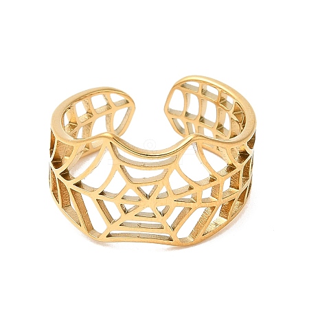 Ion Plating(IP) 304 Stainless Steel Hollow Spider Web Open Cuff Ring for Women RJEW-M149-25G-1