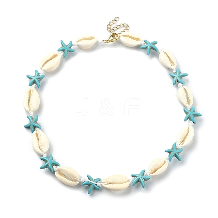 Natural Shell & Synthetic Turquoise Starfish Beaded Necklace with 304 Stainless Steel Clasps NJEW-TA00107-01-1