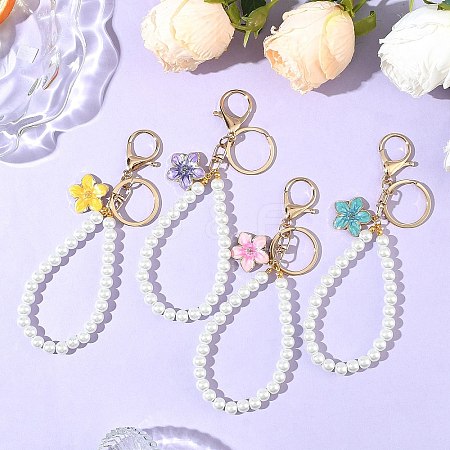 4Pcs 4 Colors Alloy Enamel Flower Charm with Plastic Pearl Beaded Pendant Decorations HJEW-JM04330-1