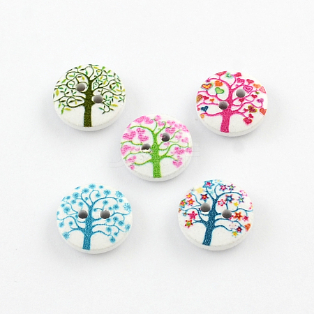 2-Hole Tree Pattern Printed Wooden Buttons BUTT-R033-013-1