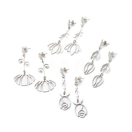 304 Stainless Steel Flower Long Dangle Stud Earrings for Women EJEW-JE05006-1