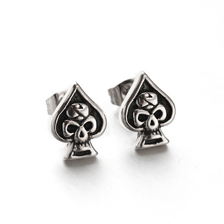 Retro 316 Stainless Steel Ace Heart with Skull Ear Studs EJEW-P057-16-1