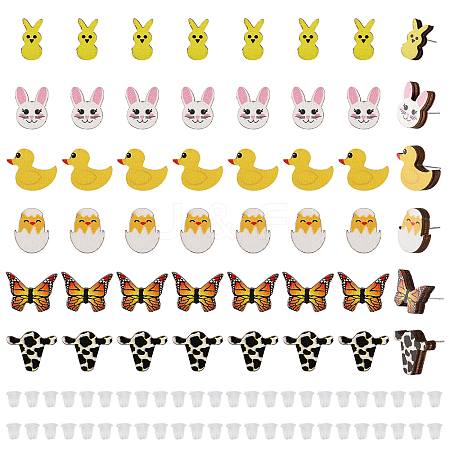 CHGCRAFT 48Pcs 6 Styles Duck & Butterfly & Cow & Rabbit & Chick Wood Stud Earrings EJEW-CA0001-10-1