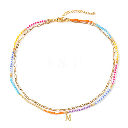 Colorful Glass Seed Beaded Initial Pendant Double Layer Necklaces QS3881-13-1