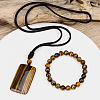 Natural Tiger Eye Round Beads Bracelets & Rectangle Pendant Necklaces Sets for Women WGAB457-01-4