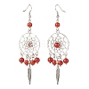 Natural Gemstone Woven Net with Feather Dangle Earrings EJEW-JE04967-4