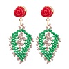 Rose with Leaf Seed Beads Stud Earrings EJEW-MZ00222-03-1