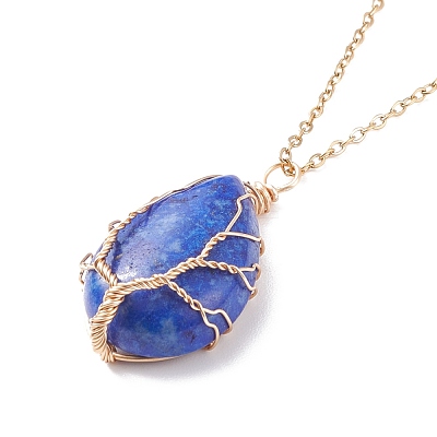 Natural Gemstone Teardrop with Tree Pendant Necklaces NJEW-JN03869-1