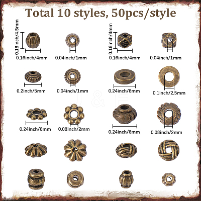 500Pcs 10 Styles Tibetan Style Spacer Beads FIND-BM0001-32-1