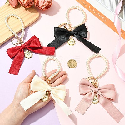 4Pcs 4 Colors Alloy Imitation Pearl Bowknot Keychains for Decorations ST-CJ0028-03-1