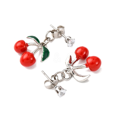 Cherry Alloy Enamel Dangle Stud Earrings EJEW-JE06633-1