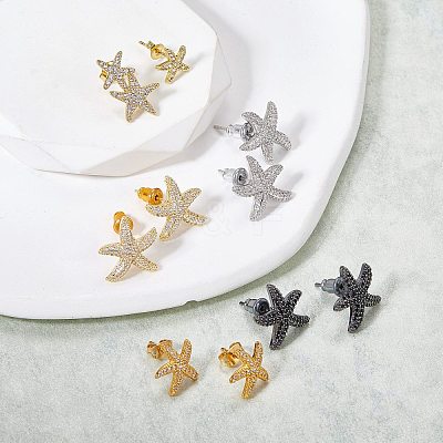 1 Pair Starfish Brass Micro Pave Clear Cubic Zirconia Studs Earrings EJEW-SZ0002-08EB-1