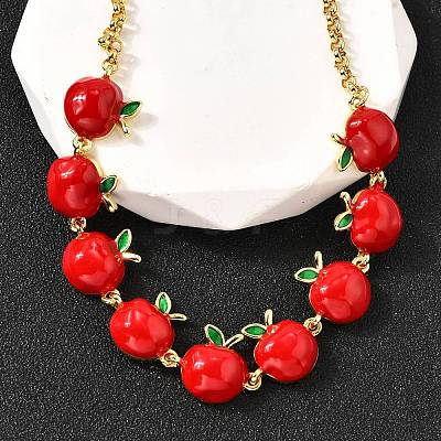 Teachers' Day Brass Red Enamel Fruit Link Chain Necklaces NJEW-K287-04B-G-1