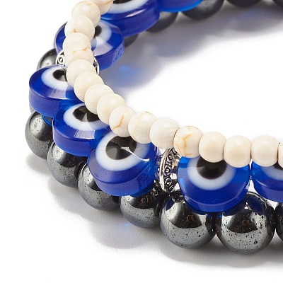 3Pcs 3 Style Synthetic Turquoise(Dyed) & Hematitie Round Beaded Stretch Bracelets Set BJEW-JB07620-1