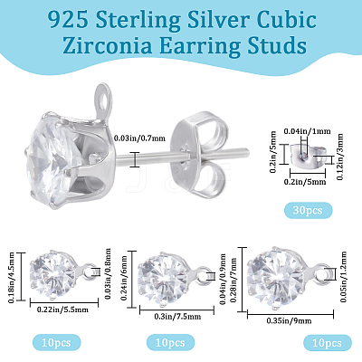 30Pcs 3 Styles Clear Cubic Zirconia Stud Earring Findings EJEW-BBC0001-28-1