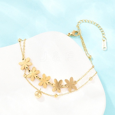 Flower 304 Stainless Steel Satellite Chains Double Layers Anklets BJEW-H643-05G-1