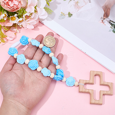 Wood & Silicone Rose Beads Hanging Ornametns HJEW-BM00072-1