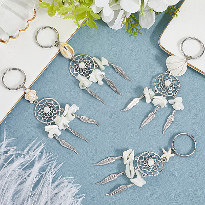 2 Sets Tibetan Style Alloy with Natural Shell & Synthetic Turquoise Keychains KEYC-SP0001-33-1