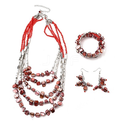 Alloy & Natural Shell & Glass Seed Beaded Multilayer Necklaces & Dangle Earrings & Bangles Sets WGCEEFD-02-1