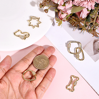 6Pcs 6 Styles Brass Micro Pave Clear Cubic Zirconia Screw Carabiner Lock Charms KK-ME0004-07-1