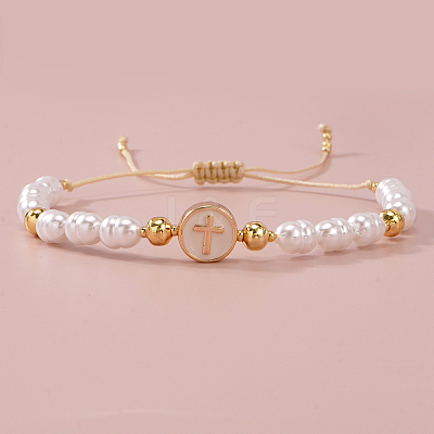Adjustable Brass Flat Round with Religion Cross & Imitation Pearl Braided Bead Bracelets for Women FT2047-1