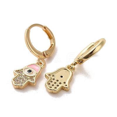 Hamsa Hand with Evil Eye Golden Brass Dangle Leverback Earrings EJEW-Q797-04A-01G-1
