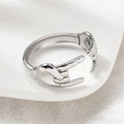 304 Stainless Steel Rock & Roll Hand Gesture Cuff Rings for Women Men RJEW-B118-02P-1