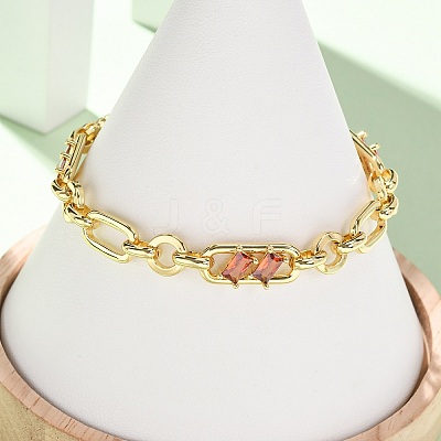 Ring & Paperclip Brass Micro Pave Cubic Zirconia Link Chain Bracelets for Women BJEW-D458-03G-07-1