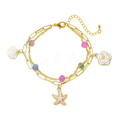 Brass Paperclip Chain & Natural Multicolor Tourmaline Beads Double Layers Bracelets BJEW-JB13851-1