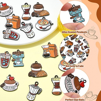 16Pcs 8 Styles Coffee Theme Alloy Enamel Pendants ENAM-YW0008-55-1