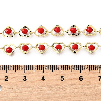 Brass & Red Faceted Glass Heart Link Chain Necklaces for Women NJEW-D314-05G-1