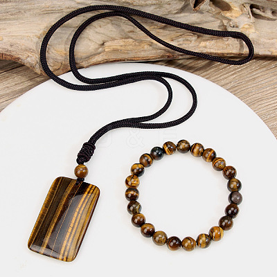 Natural Tiger Eye Round Beads Bracelets & Rectangle Pendant Necklaces Sets for Women WGAB457-01-1