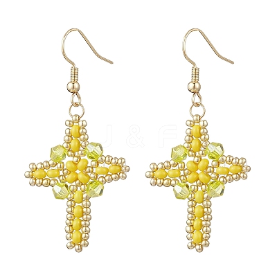 304 Stainless Steel Glass Seeds Cross Dangle Earrings EJEW-MZ00506-05-1