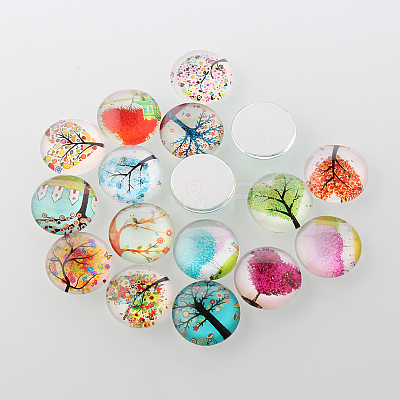Tree of Life Printed Half Round/Dome Glass Cabochons GGLA-A002-18mm-GG-1