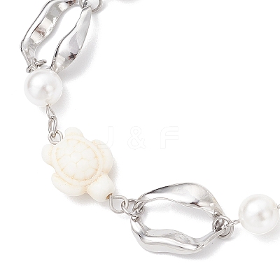 Synthetic Turquoise Tortoise & Shell Pearl & 304 Stainless Steel Oval Link Bracelets for Women BJEW-JB12173-01-1