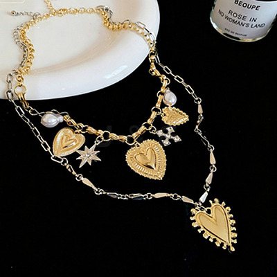Alloy Rhinestone & Iron Heart Pendant Double Layer Necklaces for Women WG7EE33-01-1