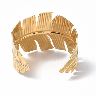 Ion Plating(IP) 304 Stainless Steel Feather Open Cuff Bangle for Women BJEW-F442-01G-1