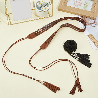 2Pcs 2 Colors Bohemian Imitation Leather Tassel Wrap Chain Belts AJEW-CL0003-47B-1