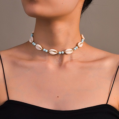 Natural Cowrie Shell & Round Acrylic Beaded Waxed Cord Braided Necklaces for Women FS-WG6249B-01-1