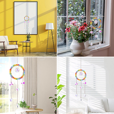 1Pc Colorful Glass Beaded Woven Net Suncatchers AJEW-CY0001-95C-1