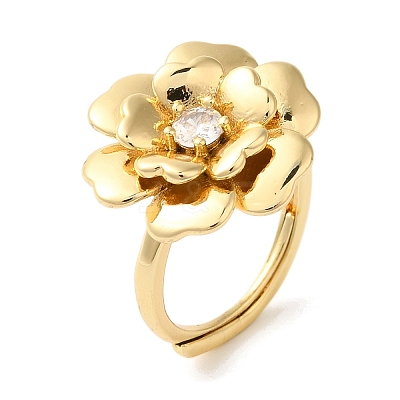 Rack Plating Flower Brass Micro Pave Clear Cubic Zirconia Adjustable Rings RJEW-S413-02G-1
